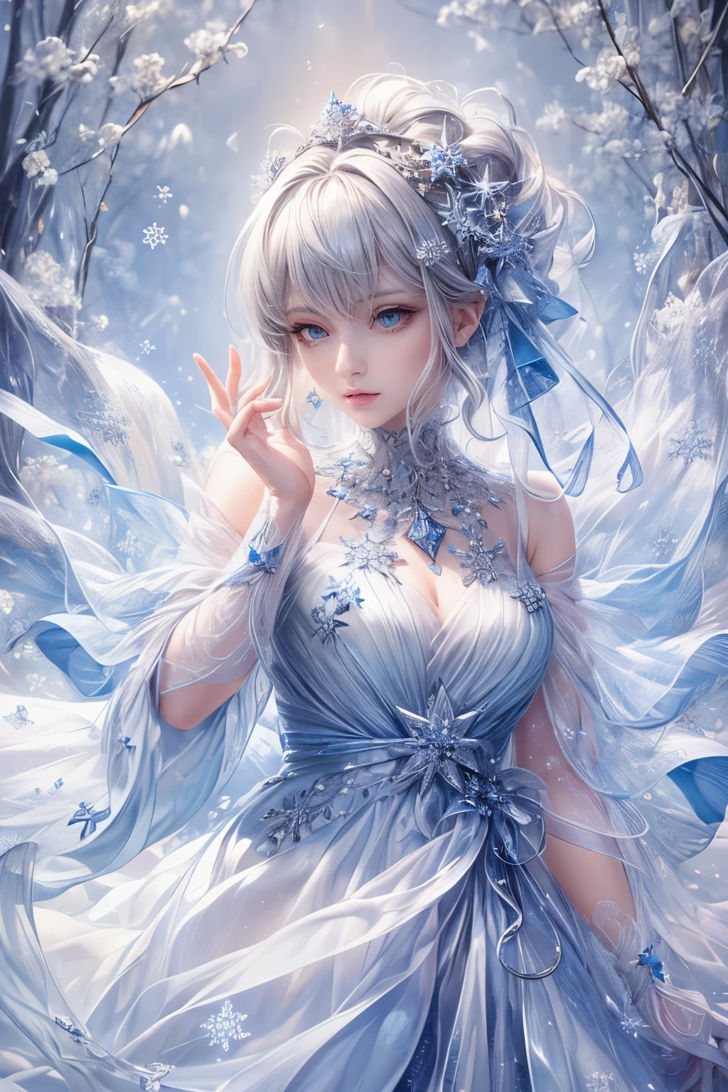 (highest quality:1.4), (masterpiece:1.4), Ultra-high resolution, 8k, CG, Exquisite, Upper Body, blue taffeta coat dress, Snowflake background, Detailed facial features, Silver grey hair, Almond-shaped eyes, Complex eye makeup, Long eyelashes, Grey eyes with a starry gaze, Intricate lip detail, Soft and harmonious style、cute、sexy、