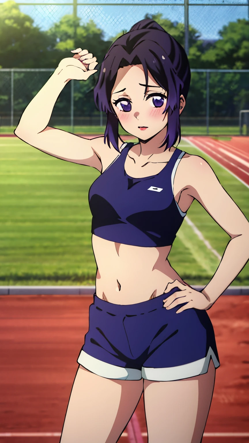 (Top Quality, 8K, High Resolution, Masterpiece: 1.2), Anime Art Style, Shinobu Kocho, 1 Girl, Perfect Face, Perfect Eyes, Soft Expression, Medium Breasts, Purple Hair, Natural Lips, Medium Hair ,Pretty Parted bangs, bangs, purple eyes, ((sportswear, navel, shorts, blush, track and field, stylish pose, cowboy shot,)), viewer appreciation,