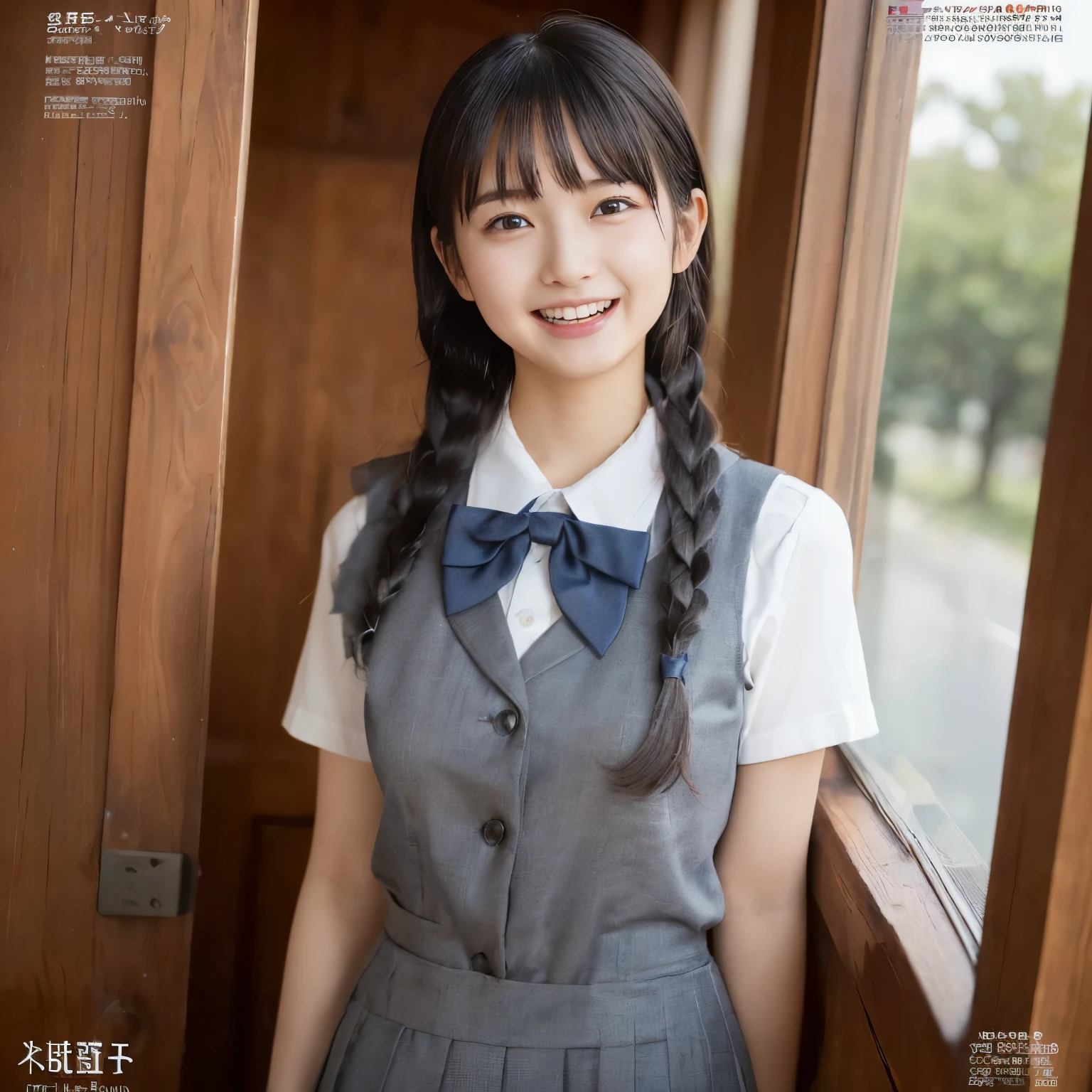 (highest quality、masterpiece:1.2)、highest quality、Realistic、photograph、High resolution、1080p、8K、Fair skin, especially face, Physical Rendering、((Height: 155cm)), one Japanese girl、((((((15 year old beautiful Japanese fashion model)))))), school summer uniform, ((((A beautiful girl in a deep window turns to the side and looks at the viewer)))), (((big very detailed beautiful dark brown eyes))), ((((impressive plain navy large school ribbon bow tie)))), ((((black very beautiful and very very long braids)))), ((((cute gray box-pleated skirt)))), ((A gray school vest)), ((ivory blouse with puffed short sleeves)), (((((((laughing at me!))))))), Mouth open, detailed fingers, ((curled bangs)), ((Very large and very very very cute eyes of a Japanese girl, drawn with great care and attention to detail.)), double eyelids, Thin eyebrows, ((drooping eyes)), (((very long eyelashes))), ((cute lovely lovely laughing laughing cheeks)), ((Pure white light hits her face from above and in the front, making her skin and eyes shine beautifully.)), ((Strong light hits the nose and cheeks、It brings out the richness of the expression.)), (((((Her facial features are very expressive lovely smile, very very pure, very very intelligent.))))), ((((On the bed)))), (((Shooting from the side)))