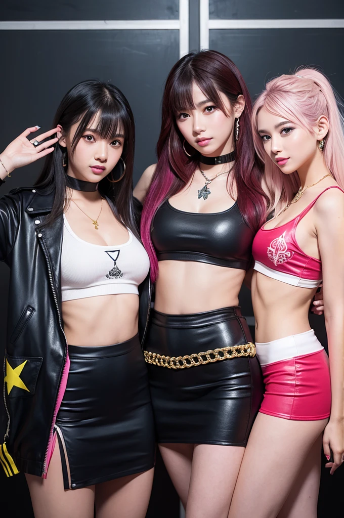 Pink and vibrant colors, Cyberpunk 25, perfection, smile, Brooklyn Bridge, Short short skirt, heavy metal inspired, White and gold crop top, heavy makeup, (fashionable mode girl:1.1), (artistic composition photo:1.3), Three young girls are posing in the classroom, Leather protection on the left arm with intricate graphics, Dark red with white stars and white and navy checkered pattern, armor, intricate design