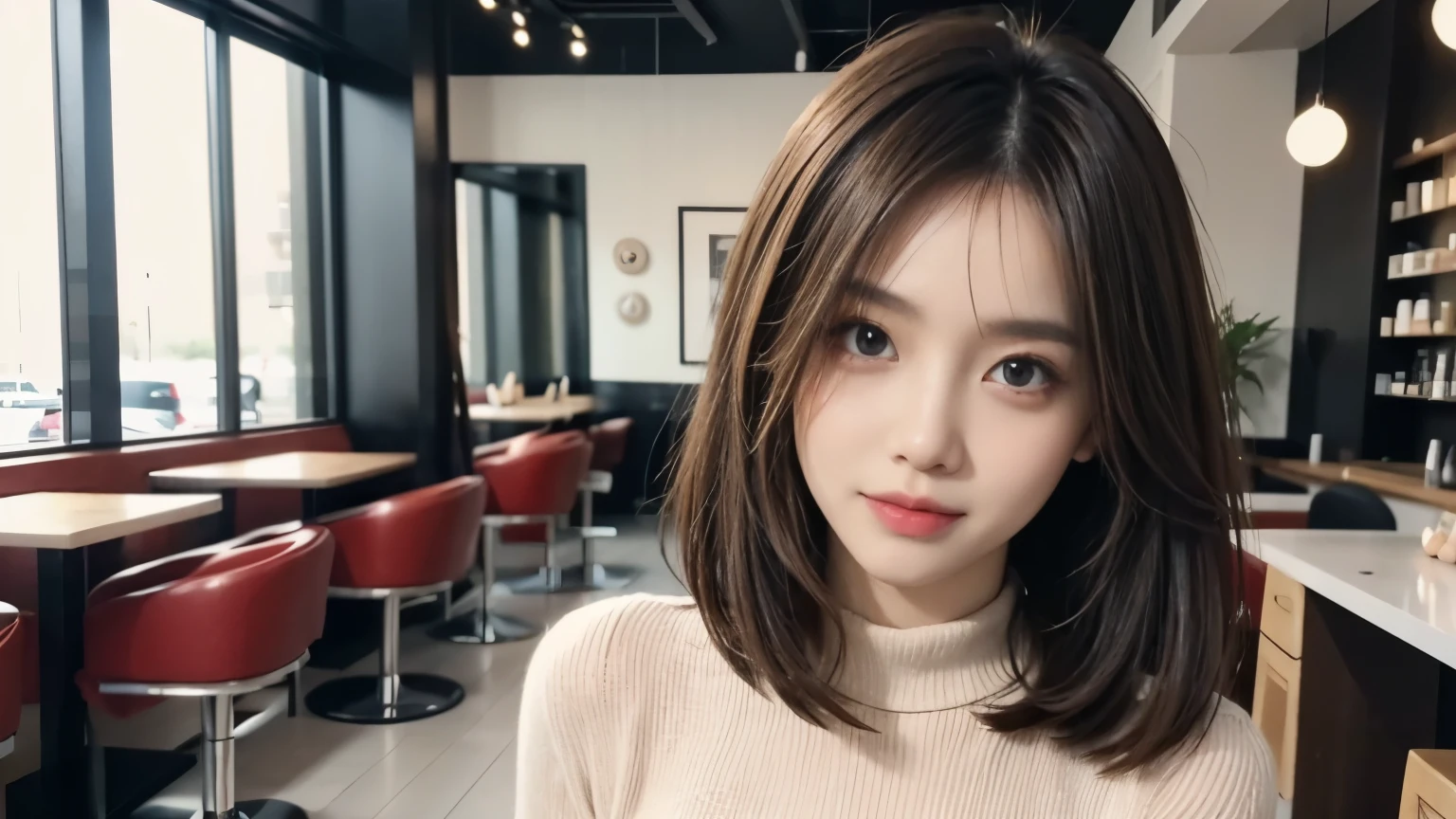 Beautiful woman、Shot in a fashionable café,Beauty Salon Model, Haircut Model,Hair salon model, Stylish and chic cafe,Tight knit dress