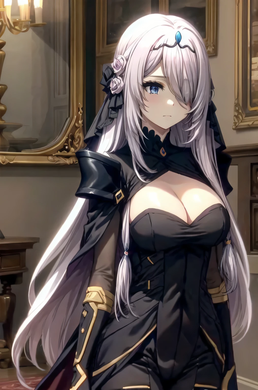 victoria horns, tiara, veil, black bodysuit, shoulder armor, long sleeves, cleavage cutout, black gloves, black overskirt, black pants
