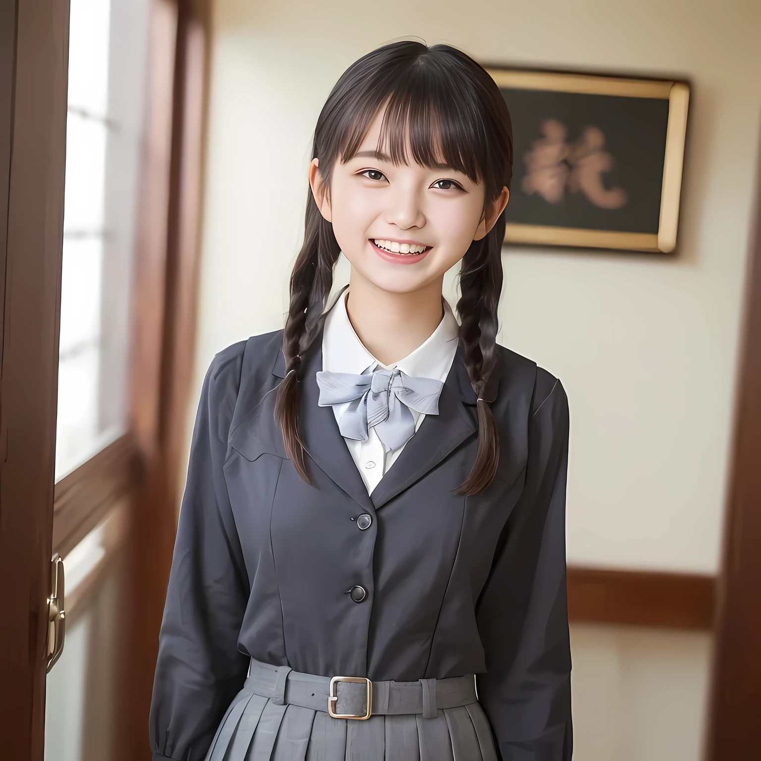 (highest quality、masterpiece:1.2)、highest quality、Realistic、photograph、High resolution、1080p、8K、Fair skin, especially face, Physical Rendering、((Height: 155cm)), one Japanese girl、(((((( beautiful Japanese fashion model)))))), school summer uniform, ((((A beautiful girl in a deep window turns to the side and looks at the viewer)))), (((big very detailed beautiful dark brown eyes))), ((((impressive plain navy large school ribbon bow tie)))), ((((black very beautiful and very very long braids)))), ((((cute gray box-pleated skirt)))), ((A gray school vest)), ((ivory blouse with puffed short sleeves)), (((((((laughing at me!))))))), Mouth open, detailed fingers, ((curled bangs)), ((Very large and very very very cute eyes of a Japanese girl, drawn with great care and attention to detail.)), double eyelids, Thin eyebrows, ((drooping eyes)), (((very long eyelashes))), ((cute lovely lovely laughing laughing cheeks)), ((Pure white light hits her face from above and in the front, making her skin and eyes shine beautifully.)), ((Strong light hits the nose and cheeks、It brings out the richness of the expression.)), (((((Her facial features are very expressive lovely smile, very very pure, very very intelligent.))))), ((((On the bed)))), (((Shooting from the side)))