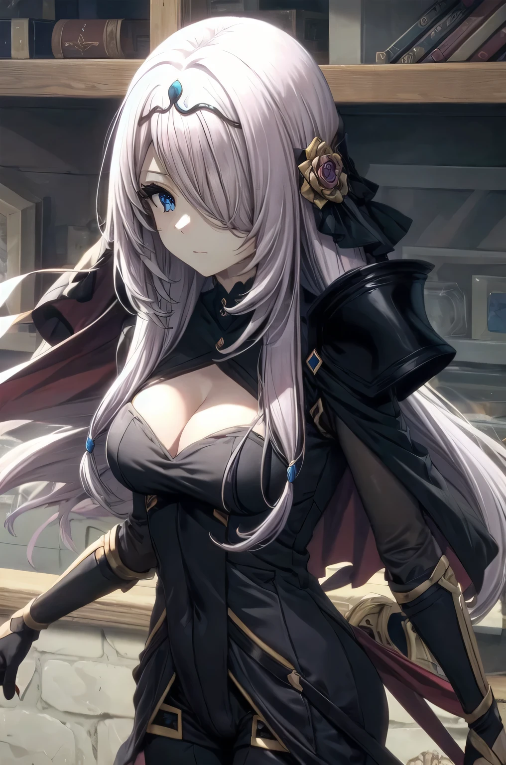 victoria horns, tiara, veil, black bodysuit, shoulder armor, long sleeves, cleavage cutout, black gloves, black overskirt, black pants
