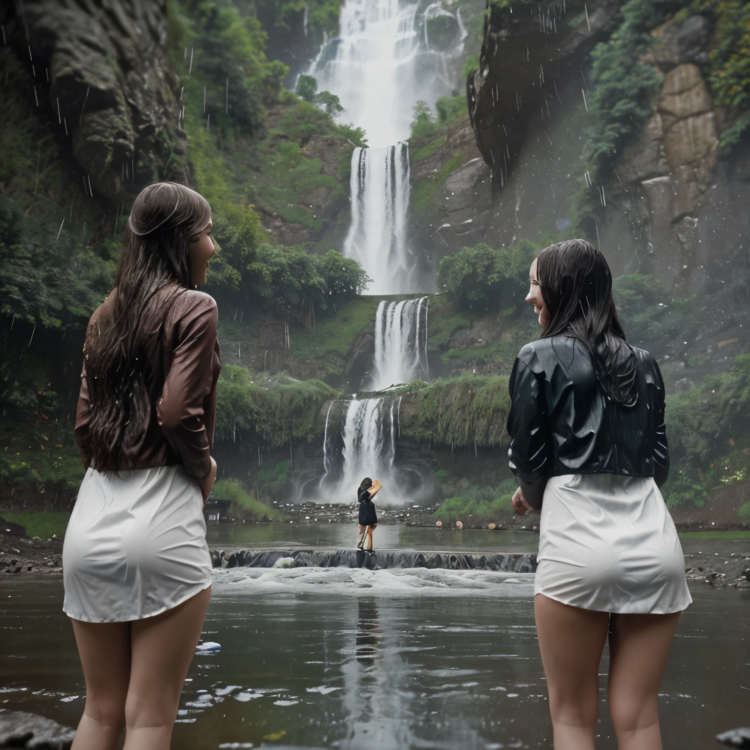 In front of a big waterfall in the forest, a naked boy and a naked girl are close to each other, holding     hands, their faces are turned towards the camera,   they are beautiful and clear, and the forest               environment is beautiful.  Produce   a   hyper           realistic photo.