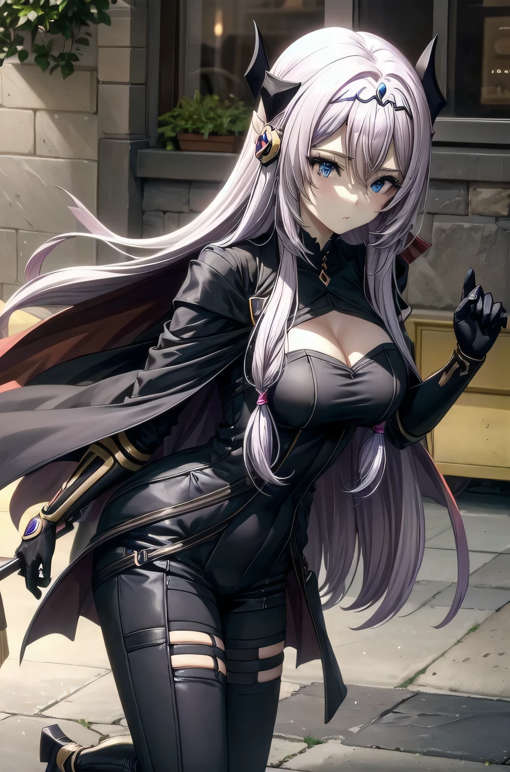 victoria horns, tiara, veil, black bodysuit, shoulder armor, long sleeves, cleavage cutout, black gloves, black overskirt, black pants