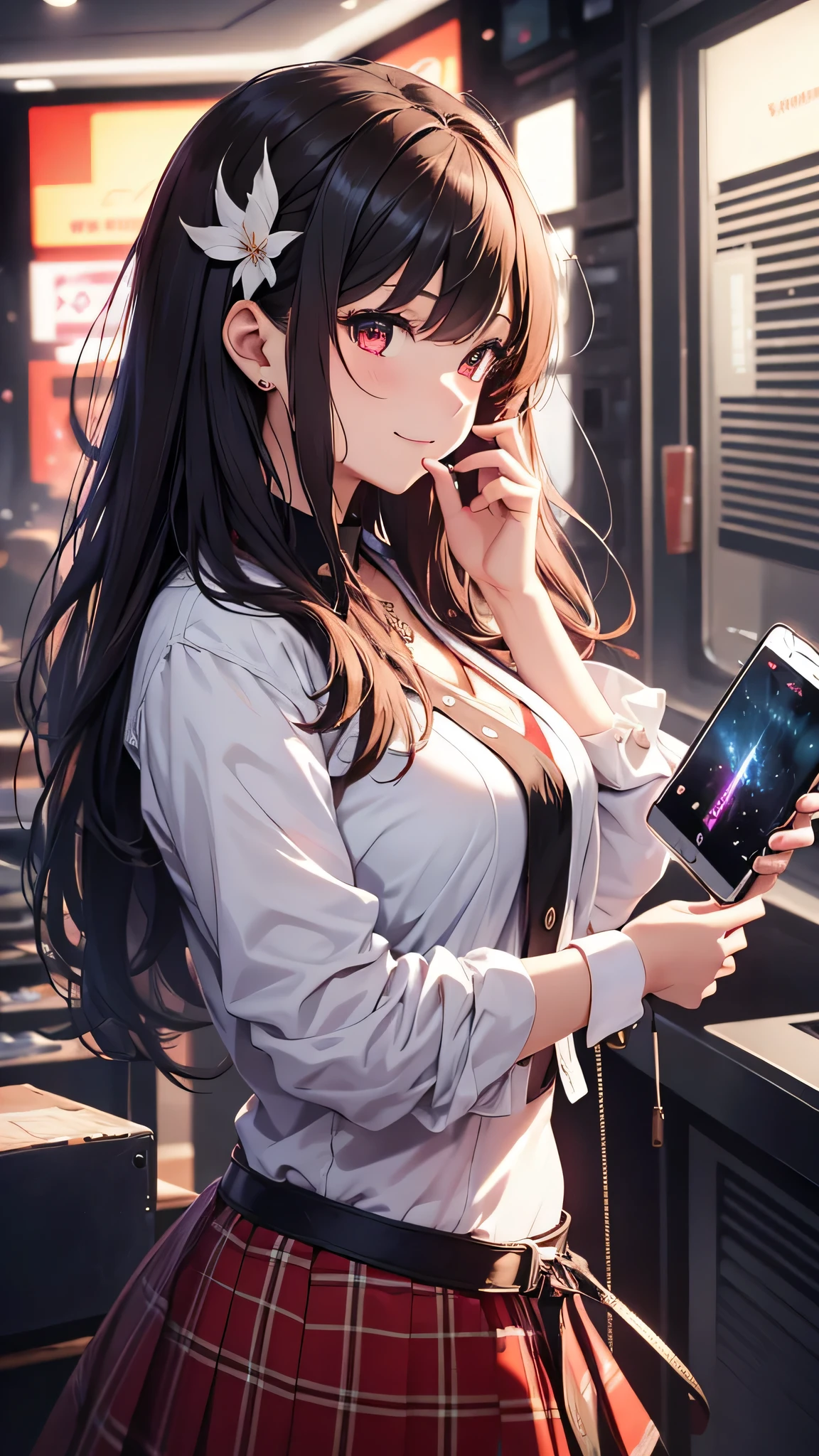最high quality、Best image quality、masterpiece、girl((20-year-old、 By becoming、Best Bust、Medium Bust,Wide open breast tea、red glowing eyes, Black and red hair、Disheveled Hair、Long Hair、thin,The highest valley、White shirt、Red Skirt、Open chest、White wristband、smile、Leaning forward、hair ornaments、Side angle、Lointail、Looking at smartphone、Movement to go up the stage)),high quality、Beautiful art、background((Black Wall、stage))、Flight、Flying debris、Written boundary depth、movie、Visual Arts、Perfect art、8K,Genuine、