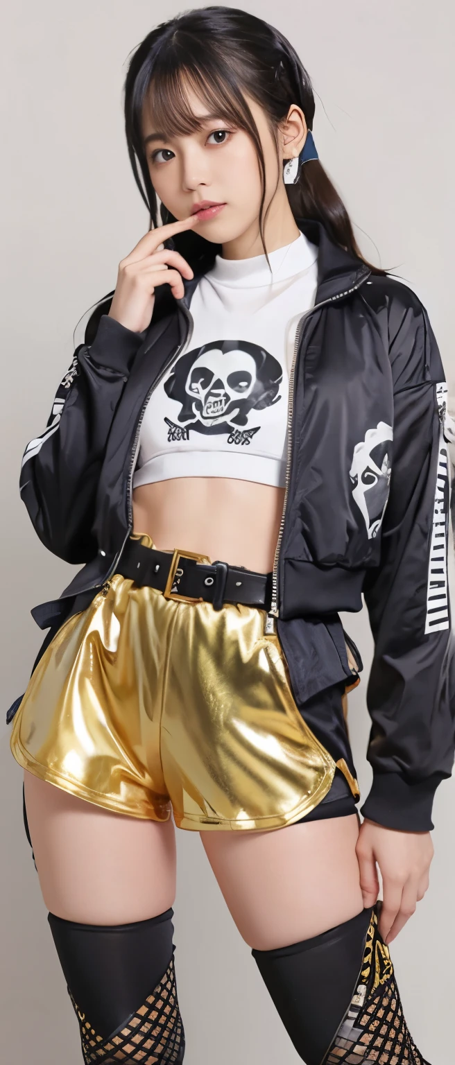cool idol girl、whole body、Good style、、track jacket、、Gold skull print tight shorts、Fishnet tights、、、、Illuminated Cemetery、Skull Buckle Belt