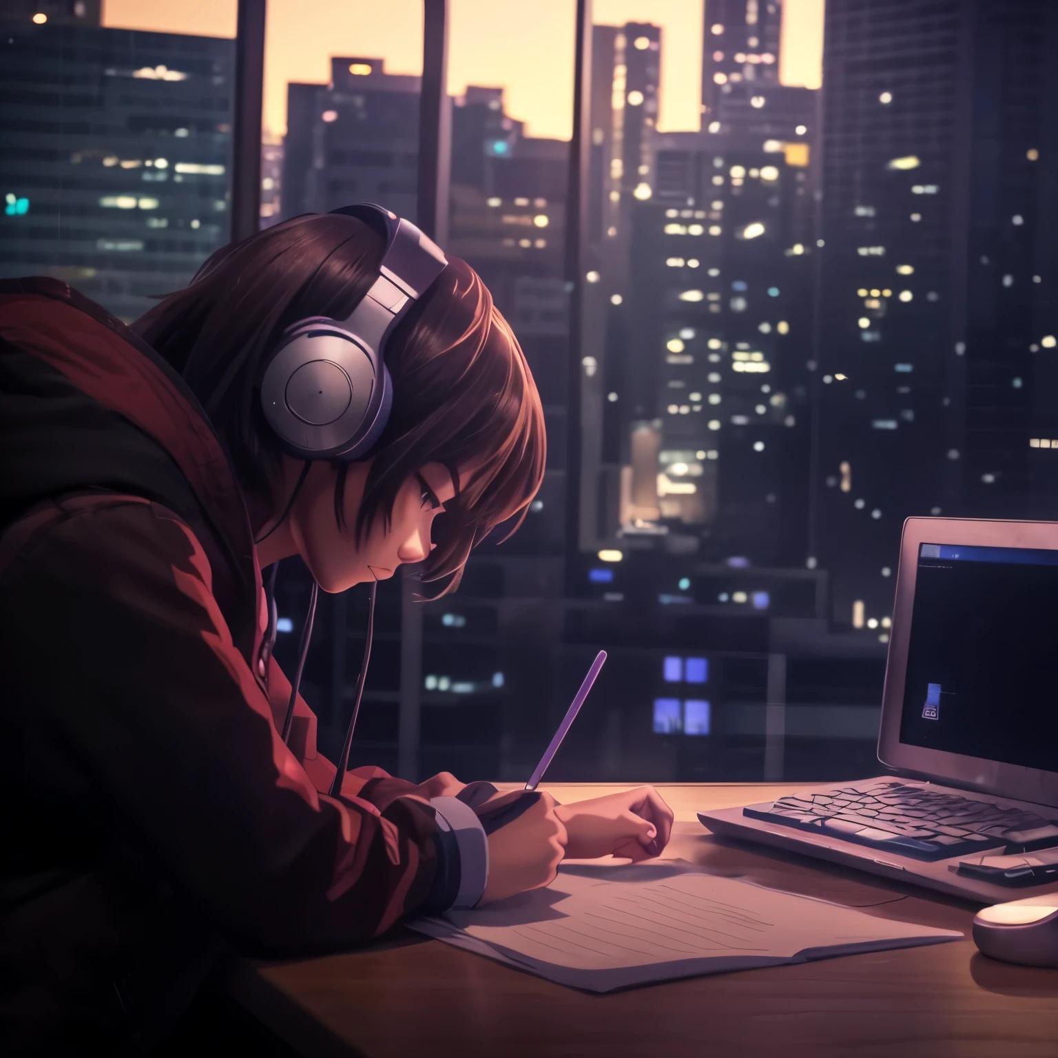 anime girl sitting at a desk with a laptop and headphones, digital anime illustration, anime styled digital art, anime style digital art, anime style illustration, digital anime art, japanese anime artist drawn, makoto shinkai. digital render, anime digital art, advanced anime digital art, tokyo anime scene, calm night. digital illustration, anime style 4 k, digital concept art illustration