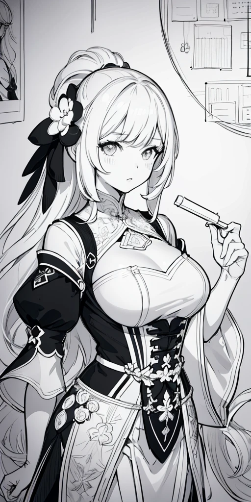 ((line art:black and white)),1girl, female focus, lively, be familiar with,intricate details,draw with thick lines,clear,line drawing background, white background, monochrome, line drawing, ((sketch))