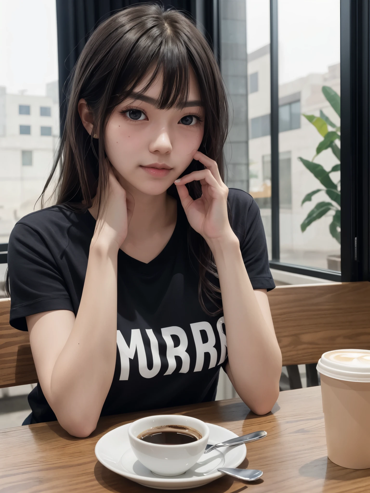 girl sitting in cafe, 

BREAK, 1girl, detailed face, detailed eyes, detailed hair, large breast, (looking at viewer:1.2), 

loose black short sleeve t-shirt, a glass of coffee, table, fresh, hands on one's face, Elbows on the desk, Best Quality, High resolution, Cinematic lighting, Dynamic lighting, see the beholder, Face in Love, sunlights, window, masterpiece, 

asian, long bangs, long eyelashes, small lips, tsurime eyes, long hair, warm skin undertone,