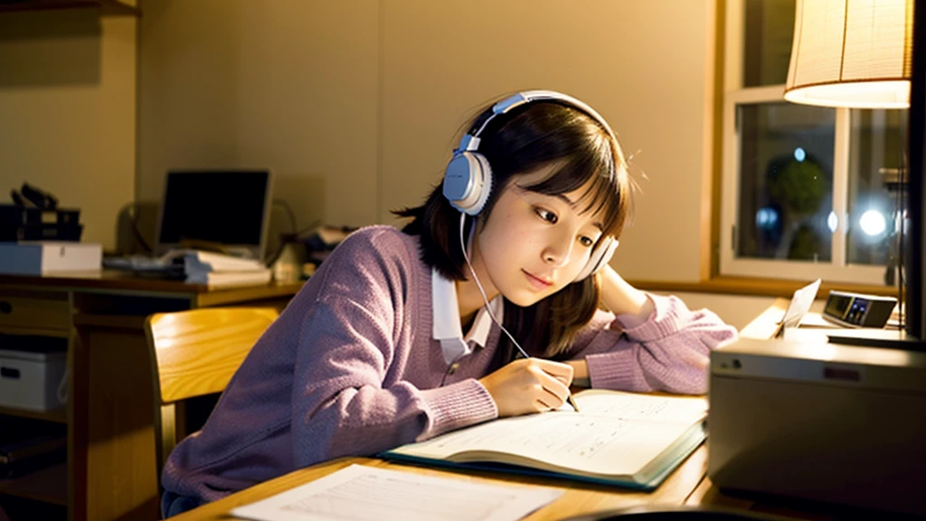 A cute Japanese girl studying or working at her desk、relax、night、Real、focusing、Gentle feeling、wearing headphones、Side view、There's a kitten nearby、I'm studying hard、cat is watching、窓の外にnightの街