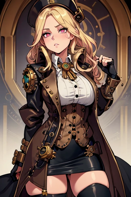 female, blonde long hair, pink eyes, (((1girl))), (((black steampunk coat))), (white shirt), (black gloves), (gold vest), (black knee length skirt), (brown tights), (black knee high steampunk boots), cute and sexy, large breasts, large butt, full body, long legs