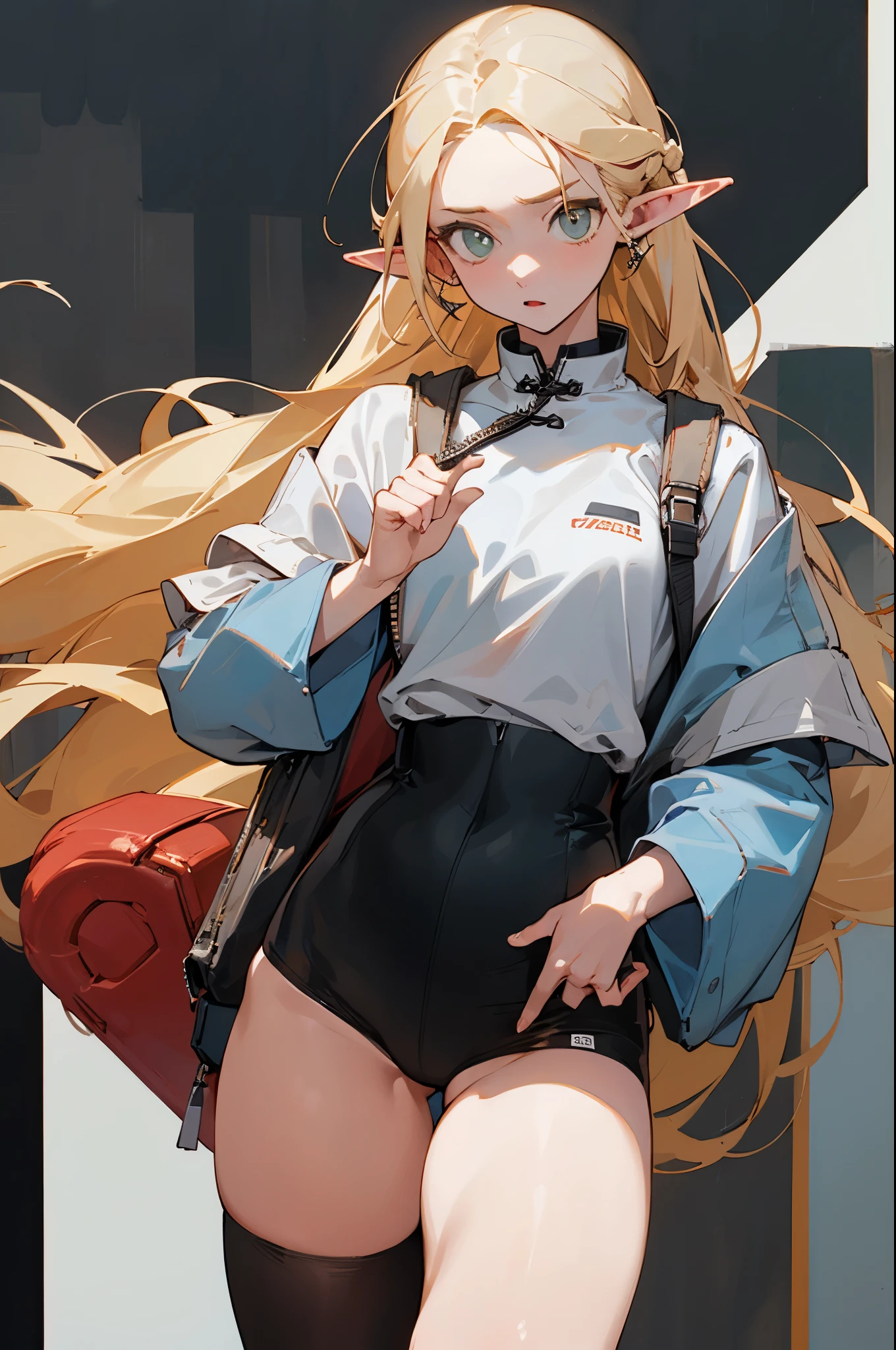 (masterpiece, best quality) detailed, Wearing black tights, silver accessories , The zipper is not closed , Blonde ,elegant, Pointed ears ,Chinese element pattern,thigh,漏出thigh,White shirt,Clothes are torn