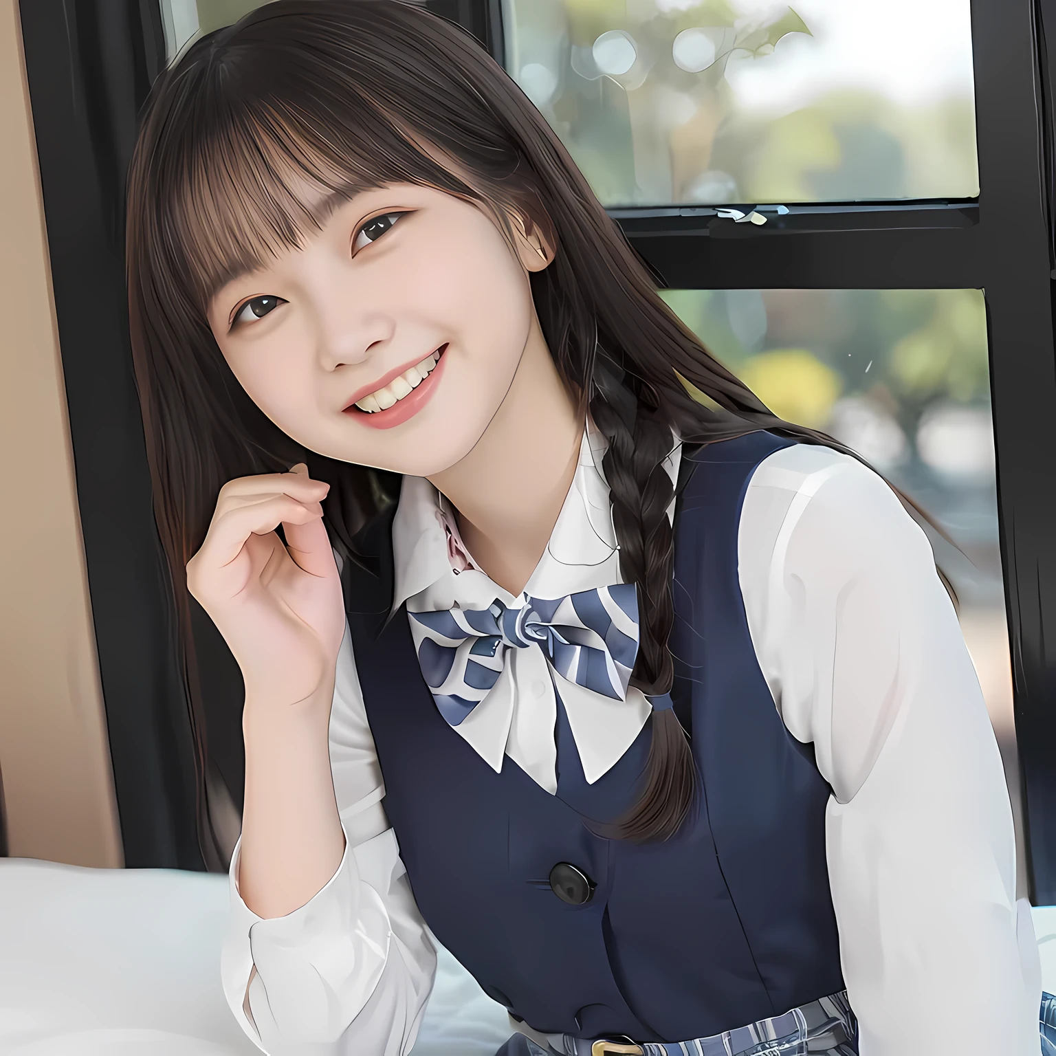 (highest quality、masterpiece:1.2)、highest quality、Realistic、photograph、High resolution、1080p、8K、Fair skin, especially face, Physical Rendering、((Height: 155cm)), one Japanese girl、(((((( beautiful Japanese fashion model)))))), school summer uniform, ((((A beautiful girl in a deep window turns to the side and looks at the viewer)))), (((big very detailed beautiful dark brown eyes))), ((((impressive plain navy large school ribbon bow tie)))), ((((black very beautiful and very very long braids)))), ((((cute gray box-pleated skirt)))), ((A gray school vest)), ((ivory blouse with puffed short sleeves)), (((((((laughing at me!))))))), Mouth open, detailed fingers, ((curled bangs)), ((Very large and very very very cute eyes of a Japanese girl, drawn with great care and attention to detail.)), double eyelids, Thin eyebrows, ((drooping eyes)), (((very long eyelashes))), ((cute lovely lovely laughing laughing cheeks)), ((Pure white light hits her face from above and in the front, making her skin and eyes shine beautifully.)), ((Strong light hits the nose and cheeks、It brings out the richness of the expression.)), (((((Her facial features are very expressive lovely smile, very very pure, very very intelligent.))))), ((((On the bed)))), (((Shooting from the side)))