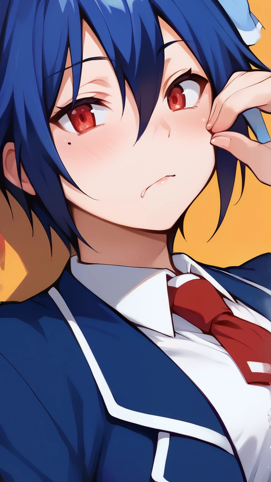 score_9, score_8_wonderful, score_7_wonderful, score_6_wonderful, sauce_anime, 1 girl, solo BREAK tsugumi seishirou, Mole under the eye, Blue Hair, short hair, Hair Ribbon, Blue jacket, White shirt, Collared shirt, Red tie, mouth twisted, wave hands, I&#39;I&#39;I&#39;m watching you, voluptuous bust,vaginal penis,boy on top/missionary,face to face