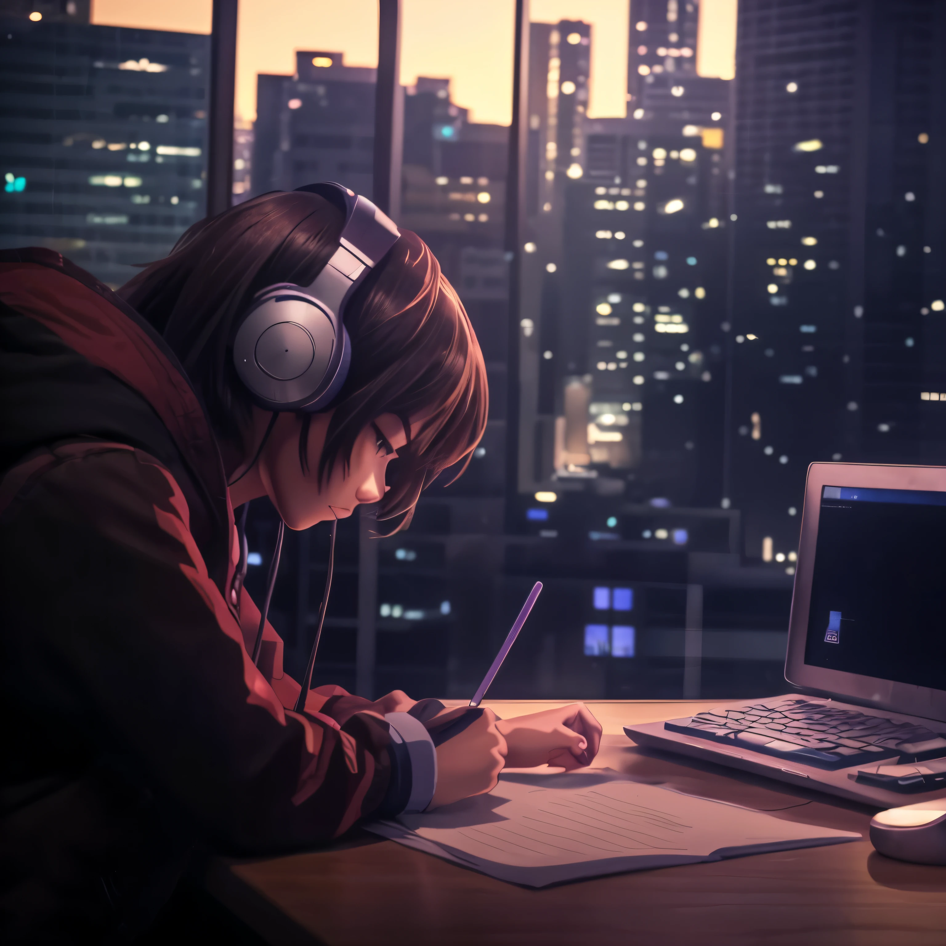 anime girl sitting at a desk with a laptop and headphones, digital anime illustration, anime styled digital art, anime style digital art, anime style illustration, digital anime art, japanese anime artist drawn, makoto shinkai. digital render, anime digital art, advanced anime digital art, tokyo anime scene, calm night. digital illustration, anime style 4 k, digital concept art illustration