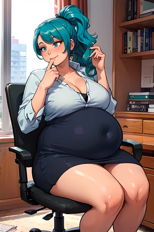 high_aesthetic, art by BetterWithSalt, 1girl, (aqua blue hair), long wavy hair, hair up, blue eyes, black pencil skirt, dress shirt, cleavage, black tights, happy expression, (((ussbbw))), (stuffed_belly), ((holding donut)), sitting in office, leaning back in chair, fancy office background with lots of windows, (((fully clothed))), (best quality, masterpiece)
