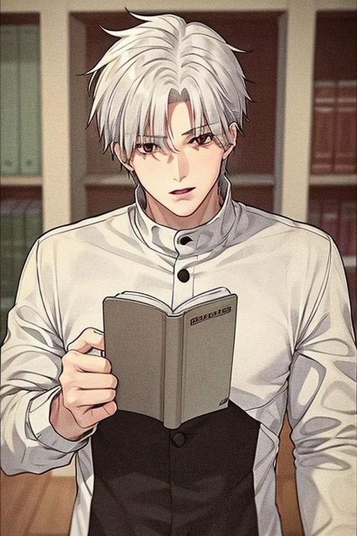 A young white haired handsome man with red eyes in a magic uniform is picking out a spell book in the library