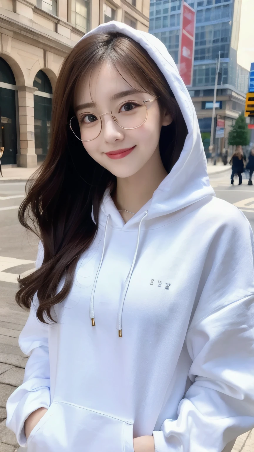masterpiece, highest quality
(One girl), beautiful , cute, beautiful girl, Porcelain-like skin, Pale skin, Very long hair, Smiling Oversized Hoodie,(Glasses)
A lively city, ((whole body, Body Shot)),
Ultra-realistic, ultra detailed, Photorealistic, Photorealism, detailed, Realistic Skin, detailed, Realistic,