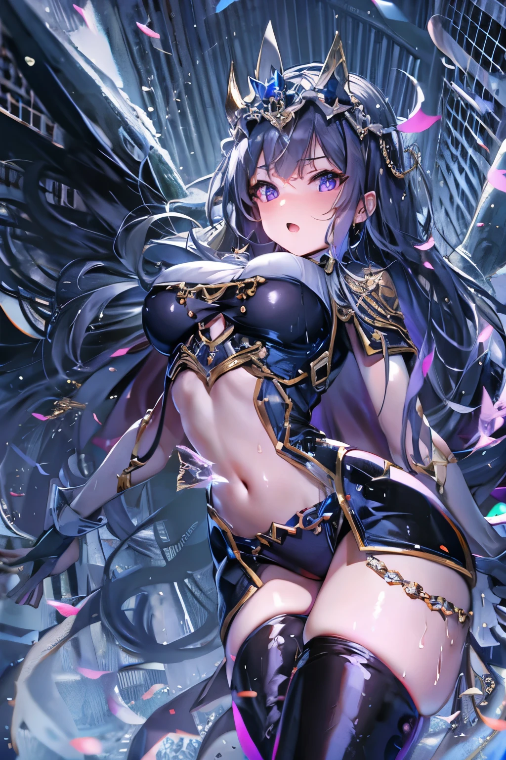 hina from blue archive, succubus, ((wet tight cute military swimsuit, demon style crown, stylish military cape, stocking, silver necklace)), ((cute perfect body shape, small breast, cold and serious aura, seducing and wind effect, detailed snow white skin, purple pupil)), best quality anime 4k wallpaper quality, extreme eye and body detail, high resolution , masterpieces