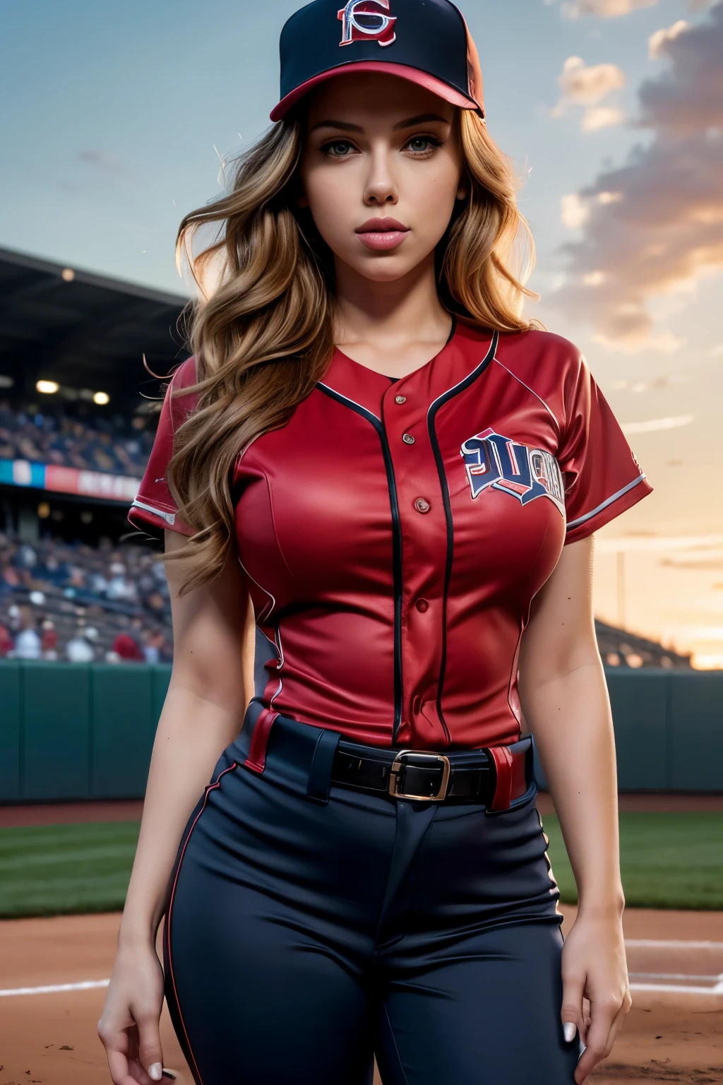 a gorgeous Scarlet Johansson, age 25, wavy hair in the wind. she's a men magazine model, She has a subtle smile and flirts with the camera, (she wears a baseball uniform with full length pants and baseball cap:1.2), (she is a pitcher standing on the pitchers mound:1.3), background baseball stadium, large crowd, sundown lighting, perfect eyes, perfect hands, perfect body, perfect hair, perfect breasts, large breasts, hair behind ear, UHD, retina, masterpiece, accurate, anatomically correct, textured skin, super detail, high details, high quality, award winning, best quality, highres, 16k, 8k, (full bodyshot:1.1), (full length photo:1.15),