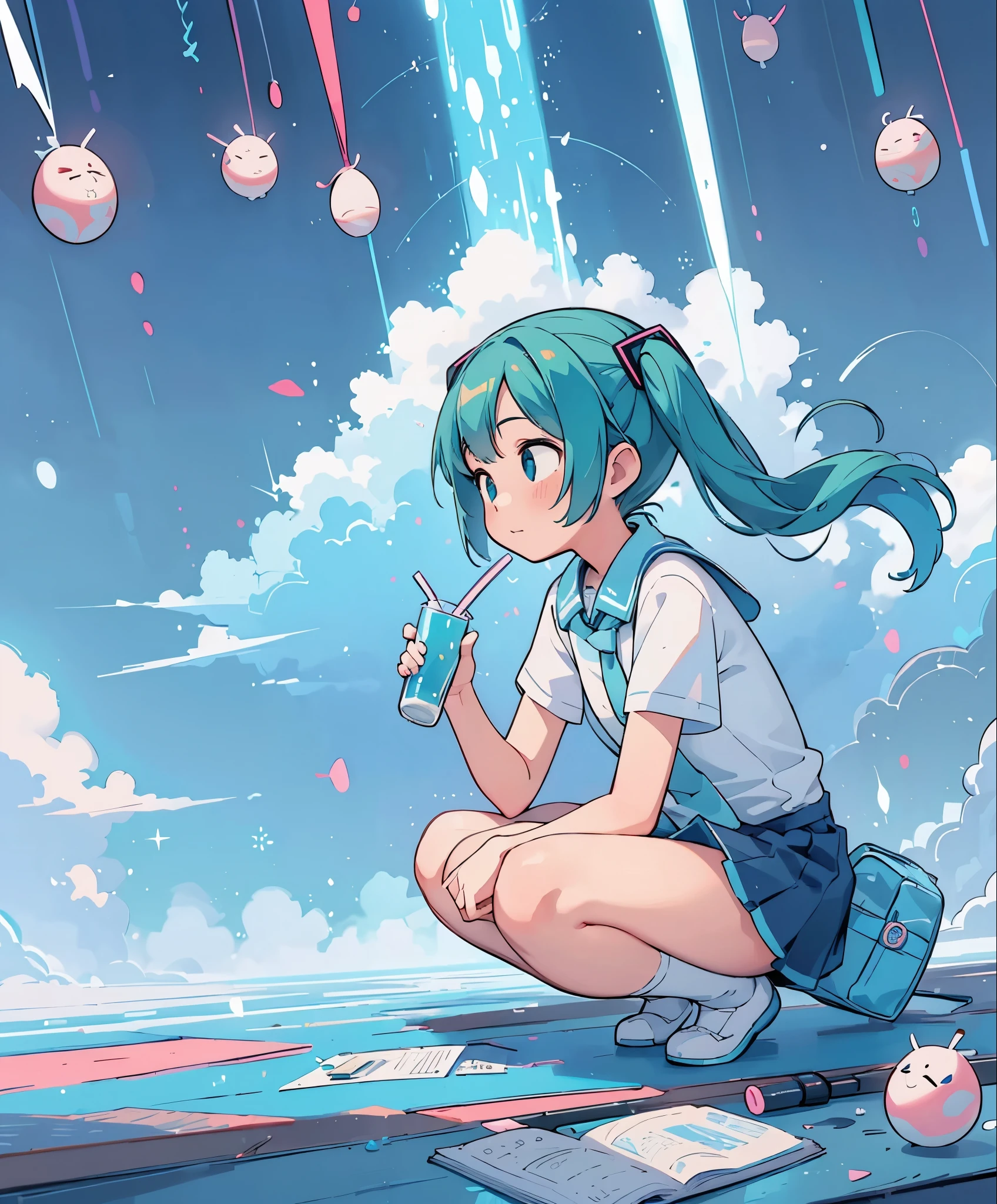 (masterpiece、highest quality、highest quality、Official Art、Beautiful and beautiful:1.2)、(One girl:1.3)Hatsune Miku、Twin tails,Big Breasts,(Dynamic Angle:1.4), Hatsune Miku,1 girl,Holding a cup,Anime girl squatting on the floor,Produced by anime artist studio, Anime girl drinking a drink, 2D CG, Advanced Digital Animation Art, Anime characters