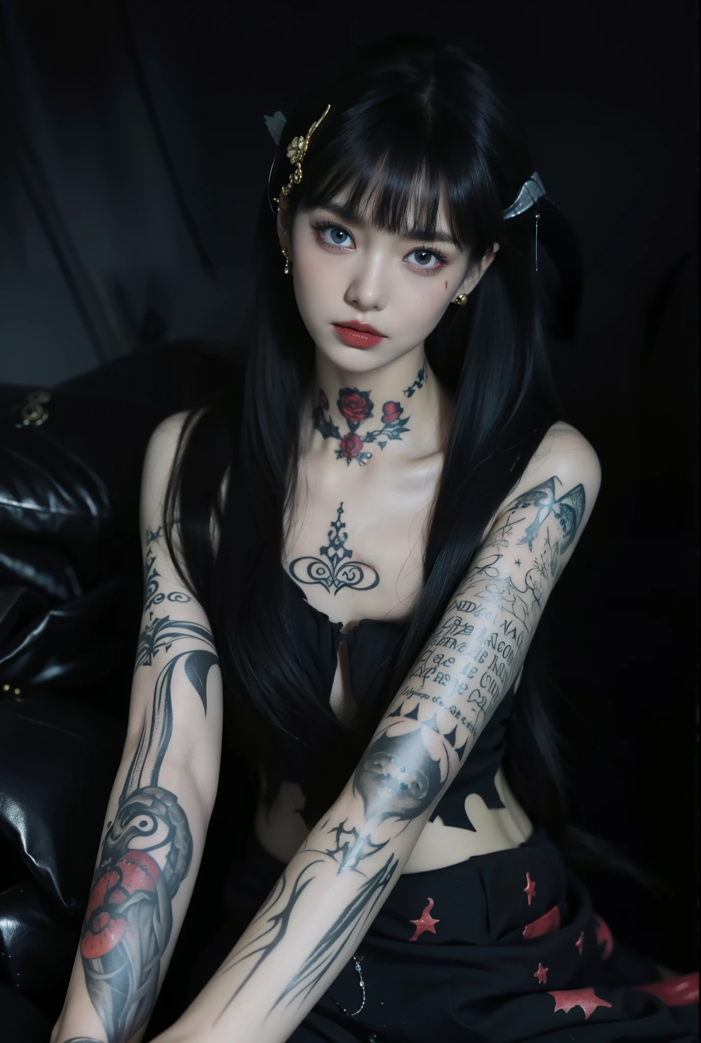 Detailed image quality，pandora witch，wing, Succubus Theme，堕落Angel，Excellent，scary，Secret Terror，Tentacles，With eyes，Uncanny Valley Effect，Blood Moon，skeleton，vampire，Hellfire，Dark Queen，Angel，magician magic witch，16岁Angel，eyes are blue(Pupils as deep as the starry sky)，Gorgeous tattoo designs all over the body，tattoo queen，gorgeous clothes(Rich in details)，Gold decoration，breasts   symmetrical