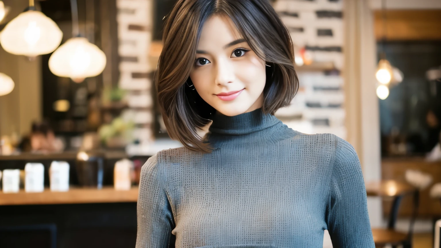 Beautiful woman、Shot in a fashionable café,Beauty Salon Model, Haircut Model,Hair salon model, Stylish and chic cafe,Tight knit dress