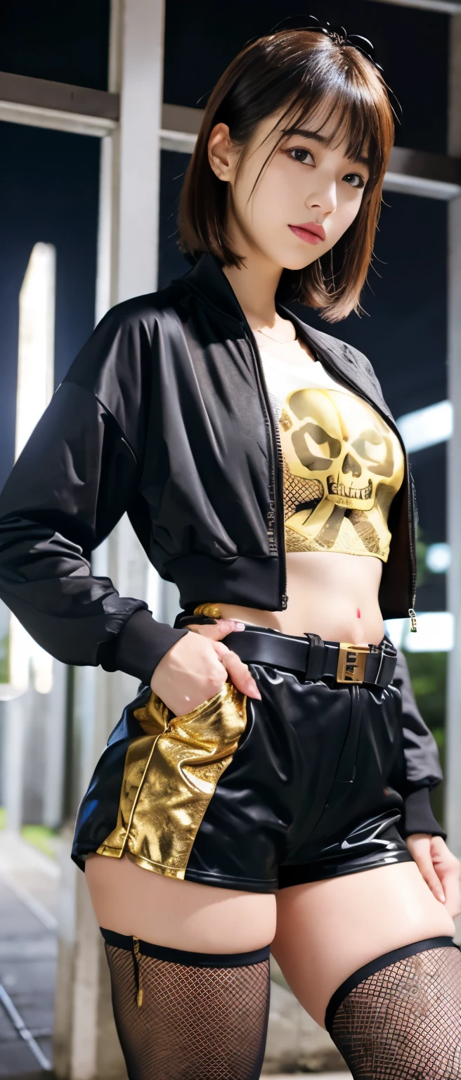 cool idol girl、whole body、Good style、、track jacket、、Gold skull print tight shorts、Fishnet tights、、、、Illuminated Cemetery、Skull Buckle Belt
