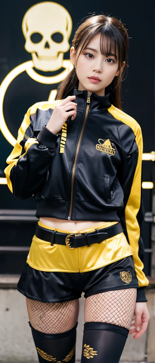 cool idol girl、whole body、Good style、、track jacket、、Gold skull print tight shorts、Fishnet tights、、、、Illuminated Cemetery、Skull Buckle Belt