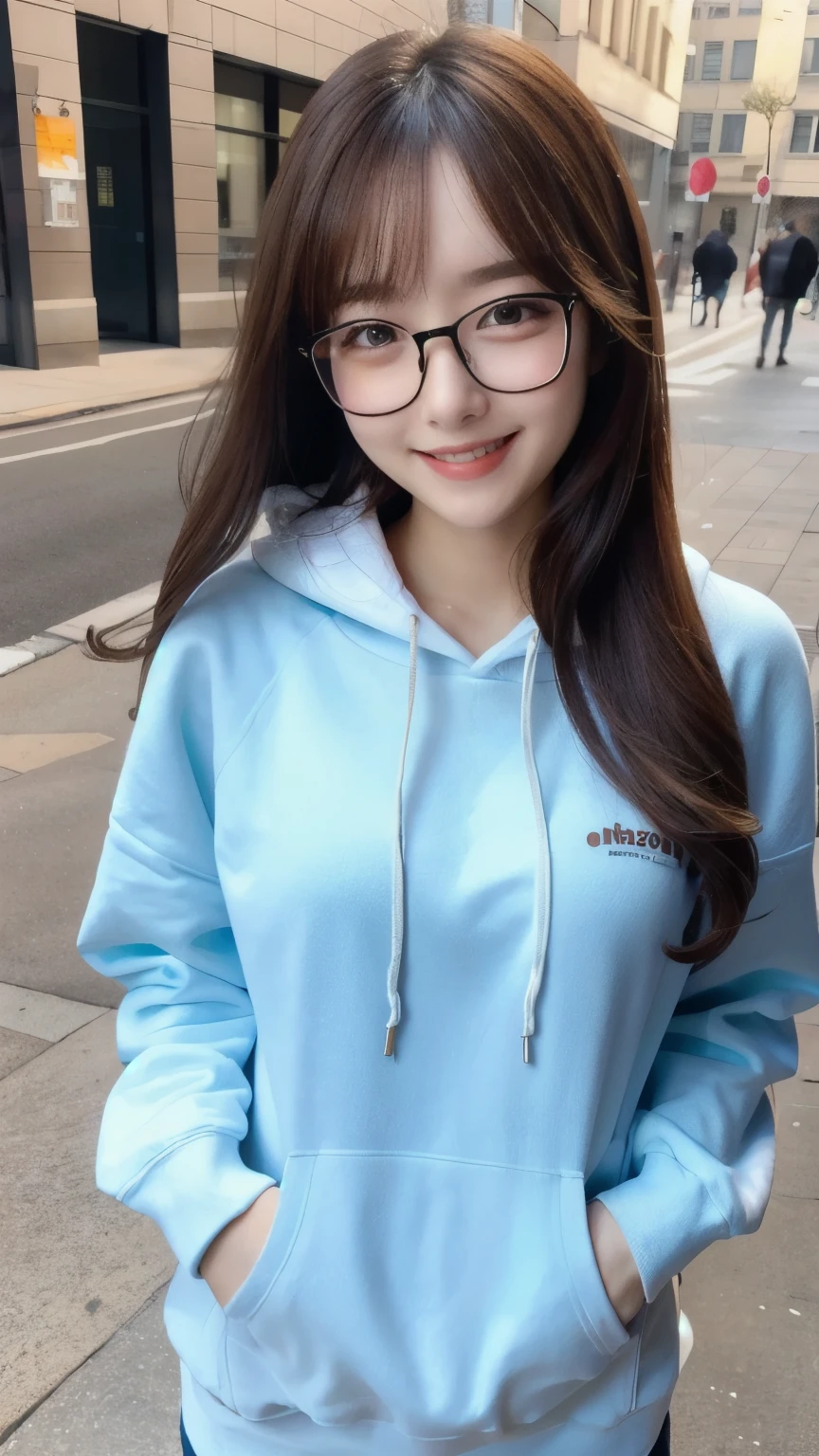 masterpiece, highest quality
(One girl), beautiful , cute, beautiful girl, Porcelain-like skin, Very long hair, Smiling Oversized Hoodie,(Glasses)
A lively city, ((whole body, Body Shot)),
Ultra-realistic, ultra detailed, Photorealistic, Photorealism, detailed, Realistic Skin, detailed, Realistic,