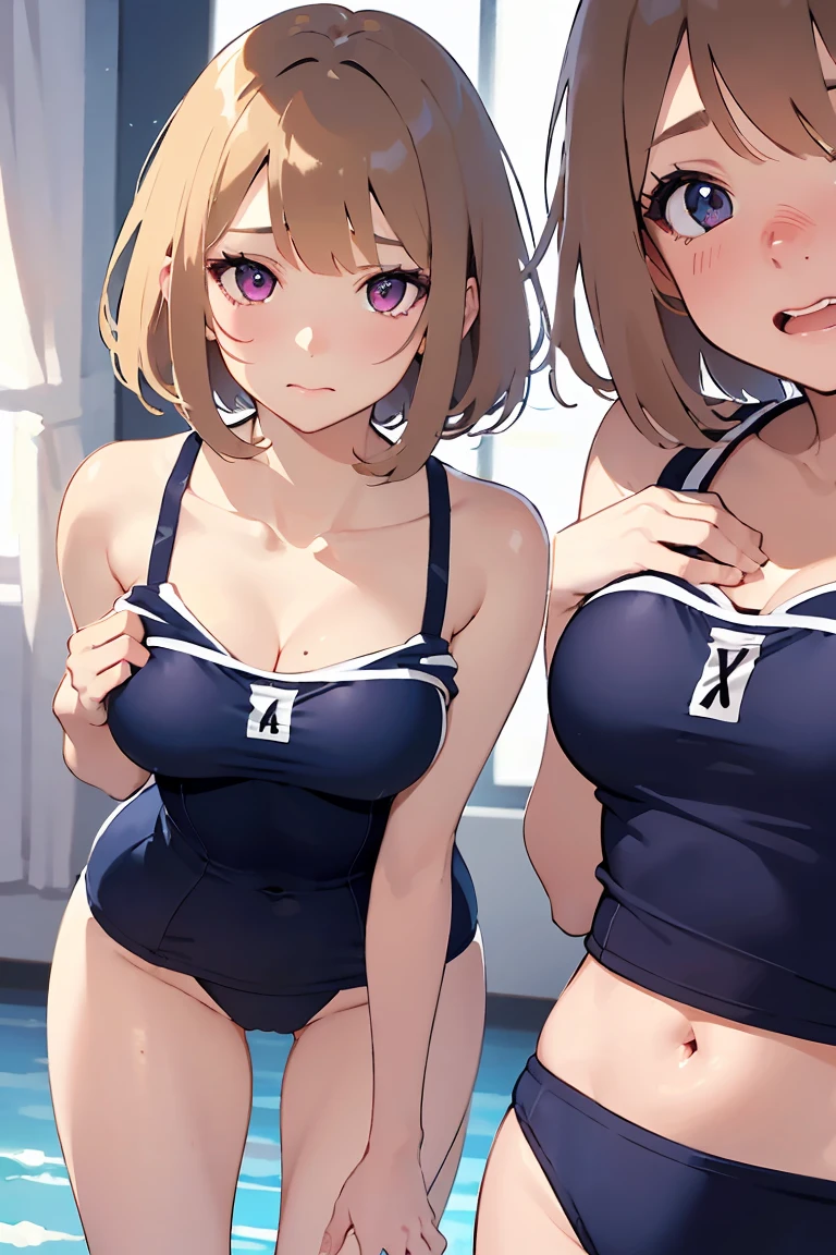 masterpiece, absurdres, best quality, ultra detailed, high Resolution, detailed illustration, bright colour, (extremely beautiful detailed face and eyes, Delicate beautiful face, 1 girl, cute face:1.3), (magenta eyes:1.1), sparkling eyes, big eyes, medium breasts, (perky breasts:1.1), (pointy breasts:1.1), medium hips, glamorous body, white skin, BREAK, long bob cut, (blonde hair:0.8), messy hair, detailed hair, shiny hair, BREAK (undressed, school Swimwear:1.5), (vagina, rape:1.3), perfect lighting, (embarrassed:1.5), (ecstasy, vulgarity:1.5), (trembling:0.8), From below, full body,