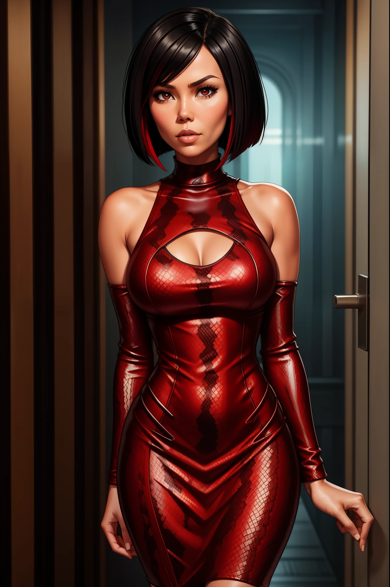 Lexa Doig, skintight snakeskin dress, bobcut, black hair with red highlights, bodycon dress, short hemline