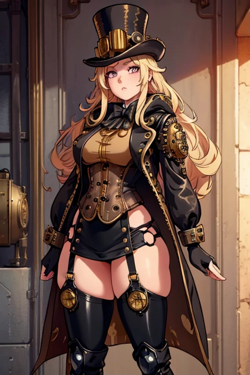 female, blonde long hair, pink eyes, (((1girl))), (((black steampunk coat))), (white shirt), (black gloves), (gold vest), (black knee length skirt), (brown tights), (black knee high steampunk boots), cute and sexy, large breasts, large butt, full body, long legs