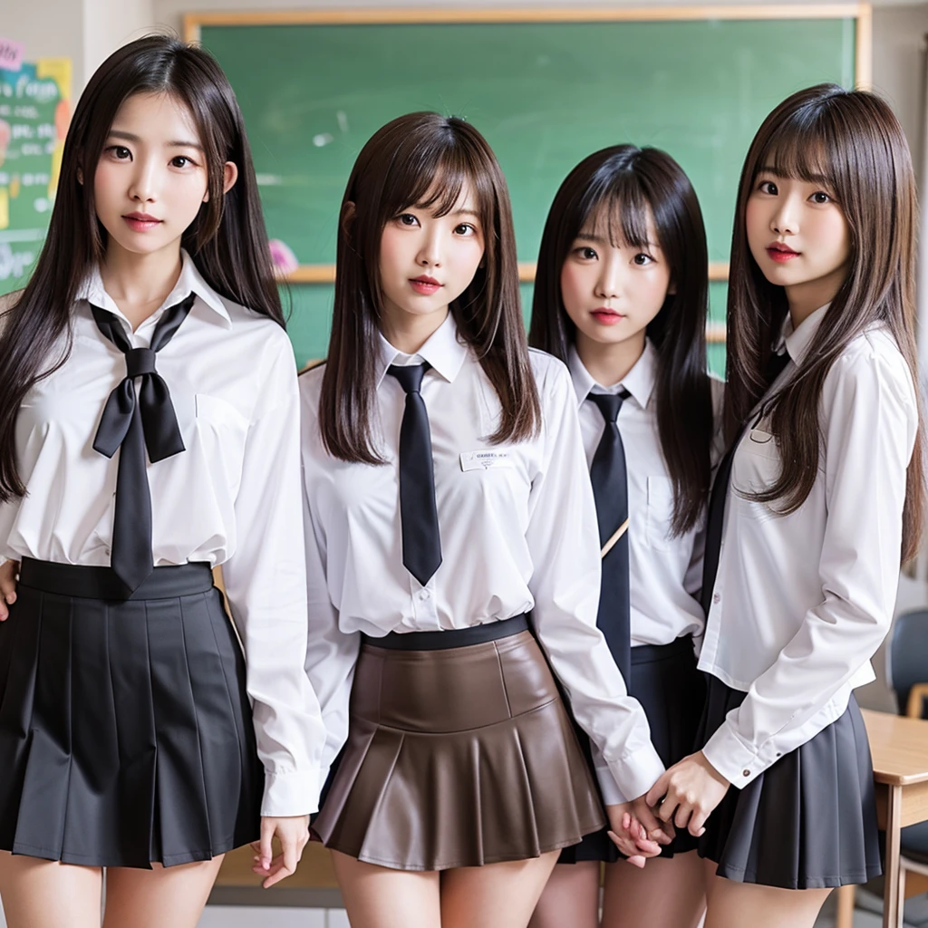 three women in school uniforms with one with her underwear around her ankles, panties, multiple girls, underwear, skirt, skirt lift, pink panties, clothes lift, , classroom, bow, white shirt, school desk, desk, lifted by self, shirt, black skirt, long hair, brown hair