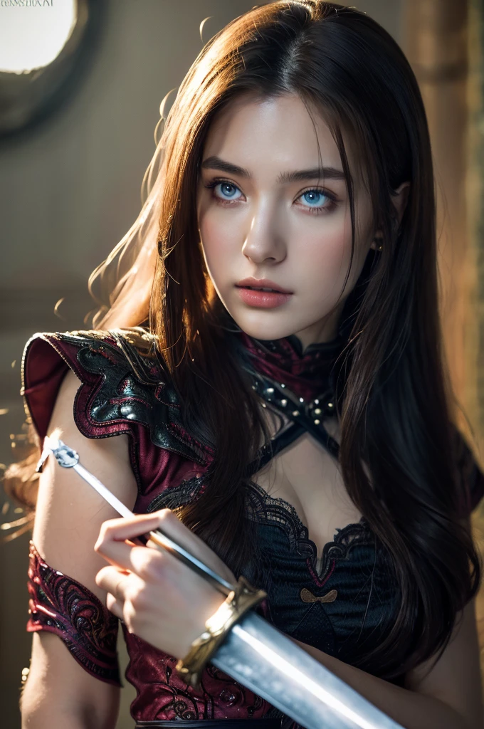 ( masterpiece, top quality, best quality,8k,17 years old girl,ultra detailed,raw photo:1.5),(photorealistic:1.4),(cinematic lighting), PerfectNwsjMajic, , Surrealism, UHD, ccurate, Super detail, textured skin, High detail, Best quality, dynamic angle, (high nose,White skin),[Beautiful blue eyes],[flat chest:large breasts:0.5],(1girl),(good anatomy:0.5)),a woman in a dress with a sword, a beautiful fantasy empress, ((a beautiful fantasy empress)), beautiful fantasy maiden