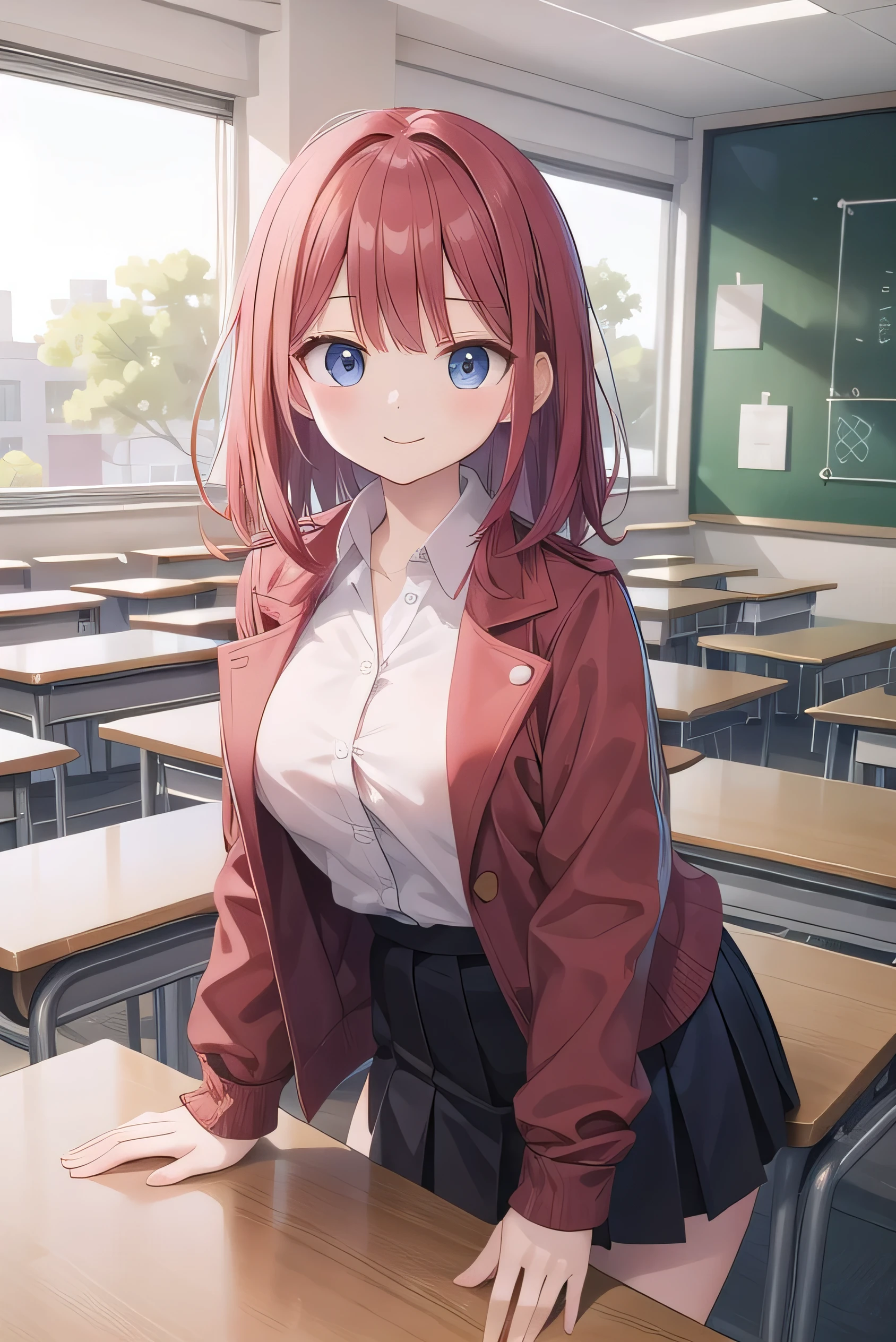 Big breasts, red hair, blue eyes, droopy eyes, red jacket, long sleeves, navy skirt, elementary school student, super big breasts, (medium hair: 1), baggy clothes, elementary school student, young face, short height, 10 years old, old, shy Agari, smiling a little, trying to unbutton his shirt in the classroom, white shirt, soft hair.