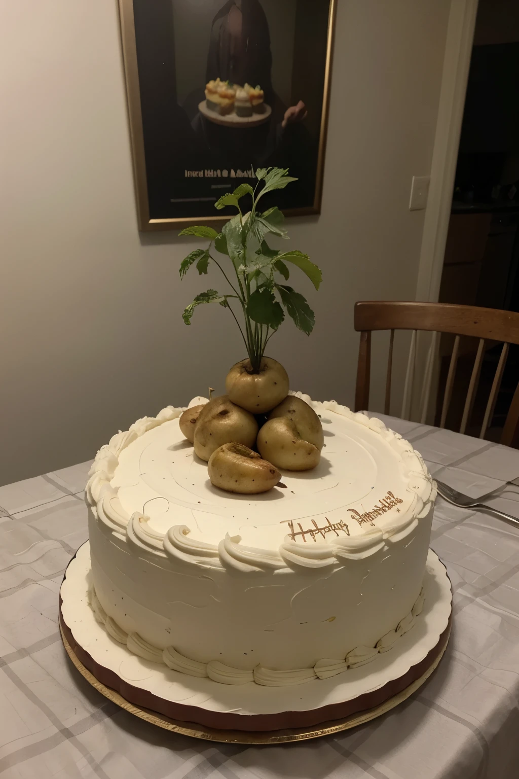 It&#39;s a potato&#39;s birthday and his vegetable friends went to celebrate. Vegetables are around a table and behind the table is potatoes. On the table there is a checkered tablecloth and on top of the tablecloth a large cake., classic style, ostentando duas velas que formam o numero 37. The camera is positioned slightly above the vegetables, the lighting is directly above the potato, Behind the cake, estilo desenho realista