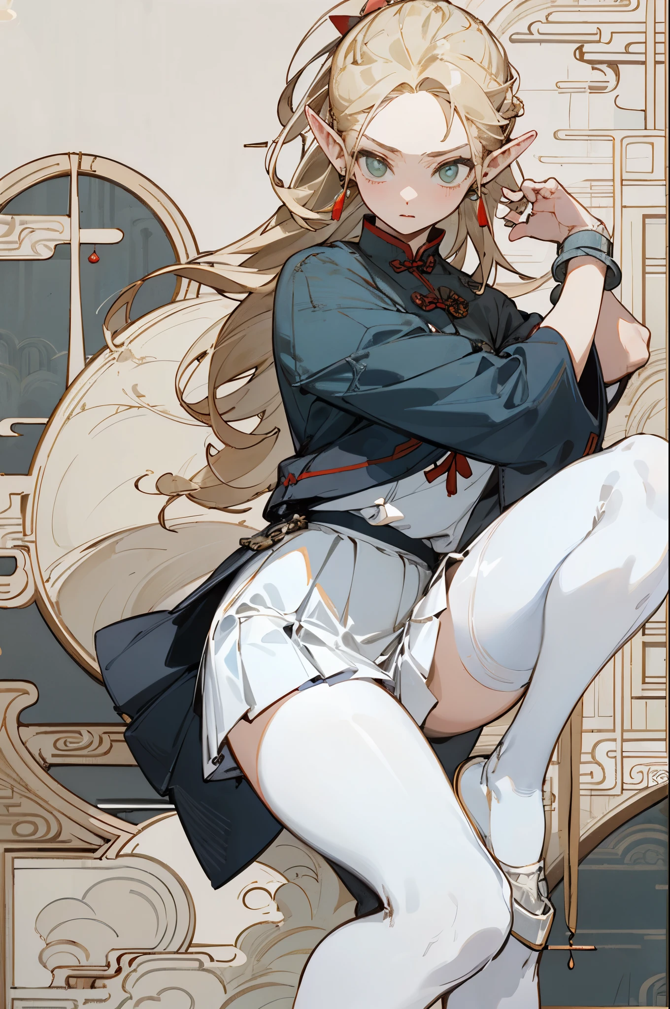(masterpiece, best quality) detailed, Wearing white tights, silver accessories ,, Blonde ,elegant, Pointed ears ,Chinese element pattern,thigh,漏出thigh,White shirt,White pleated skirt,