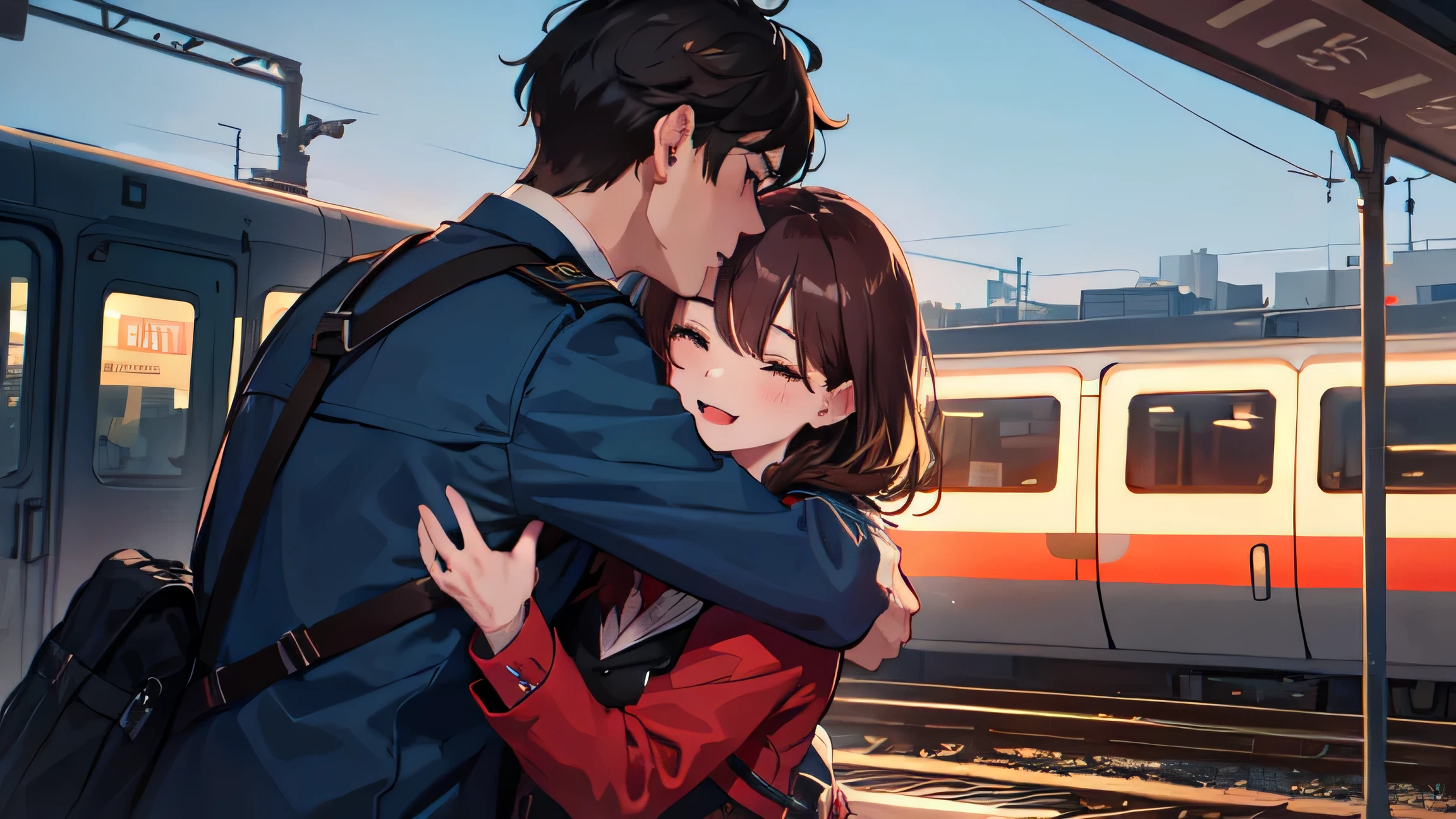 girl and her boyfriend hugging each other in front of the train station