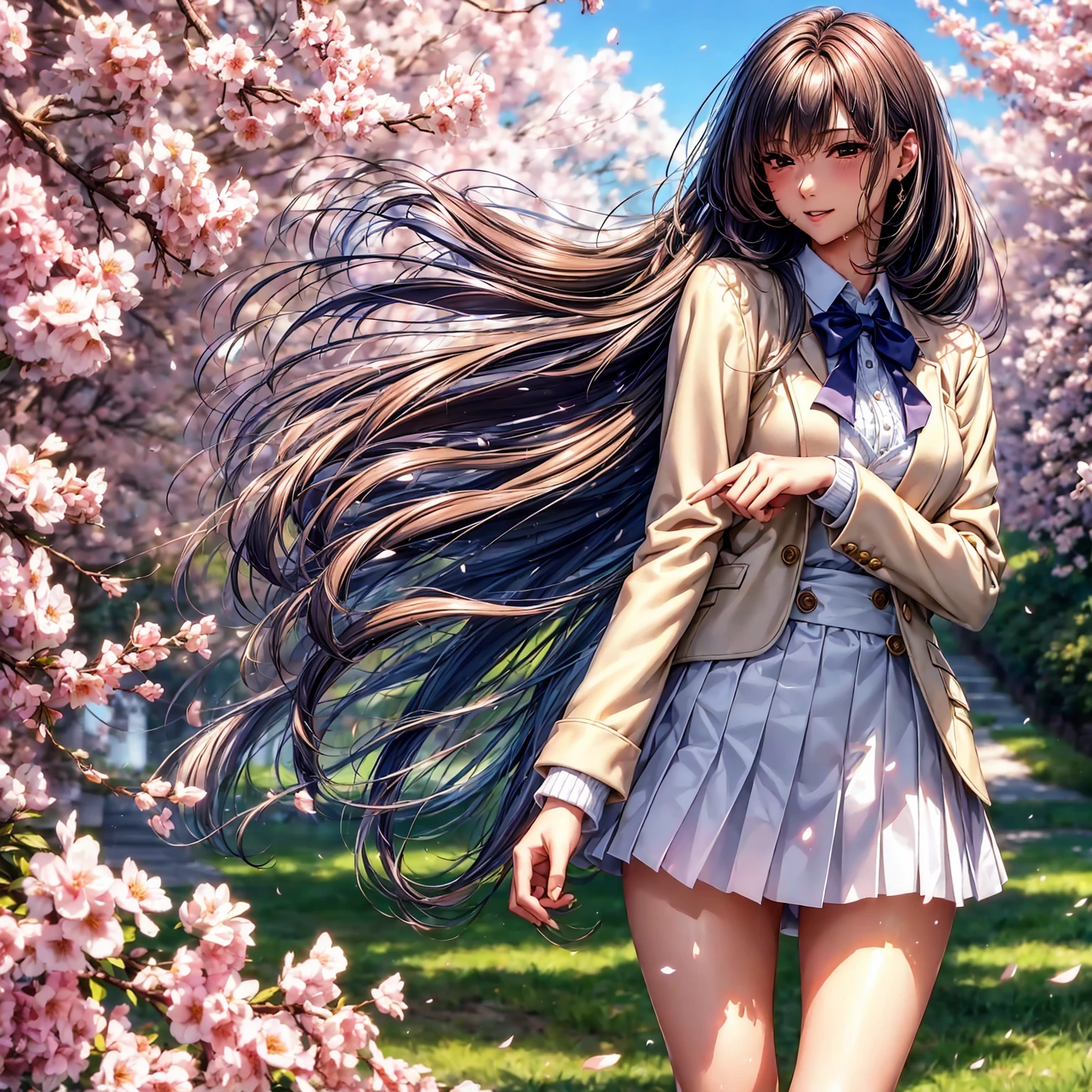 (((highest quality、masterpiece、Very high resolution、High-definition images)))、Beauty Painting、One strong, beautiful woman:18-year-old、Beautiful body:Slender, beautiful breasts and beautiful legs、Beautiful Face:smile、eyes with strong will,Beautiful Hair、best skin and hair texture,Realistic skin texture,realistic hair texture、(High School Uniform:White blouse:ribbon:cardigan:blazer:Plaid pleats)、Beautiful cherry blossoms並木:Stone steps、Beautiful cherry blossoms、Beautiful sky、Natural light、Beautiful viewodel pose、Beautiful pose、Model shoot、Gravure photoshoot、(((The wind is blowing))),Accurate Images:1.5、Accurate ???????:1.5、Flawless images、Perfect image、Overall image、(Best Shot、Raw photo、Photorealistic)1