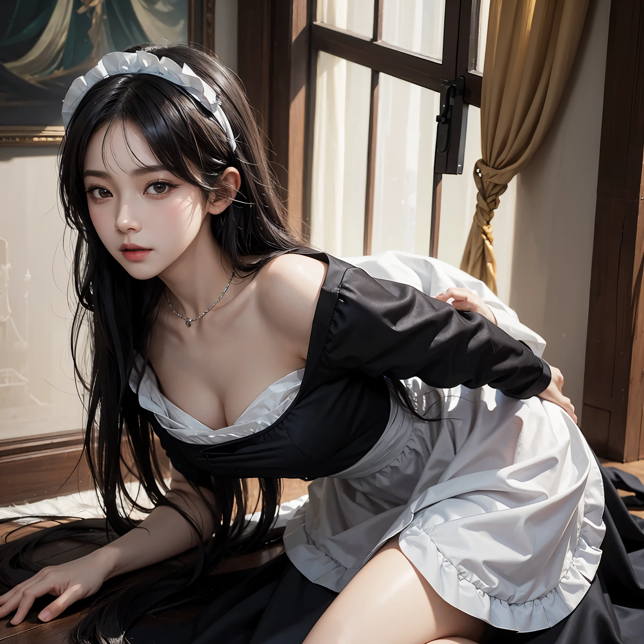 (1 Girl Solo, 1 Sexy Woman, Princess Maid, Black Hair, Fluffy Bub Cut, Maid Uniform:1.4), (leaning forward:1.3), (hands on knees, Cowboy shot:1.3), ((anatomically correct)), (Futuristic Portrait), (Extreme-Close-Up:1.2), Rim Lighting, Cinematic Light, (On The Bed, depth of field), no futuro telhado de luz neon, SSCI - FI e Fantasia, intrincado e muito bonito e elegante, altamente detalhado, pintura digital, art-station, arte conceitual, smooth and sharp focus, illustration, Arte de Tan Zi e Ayanamikodon e Alphonse Mucha e Wlop