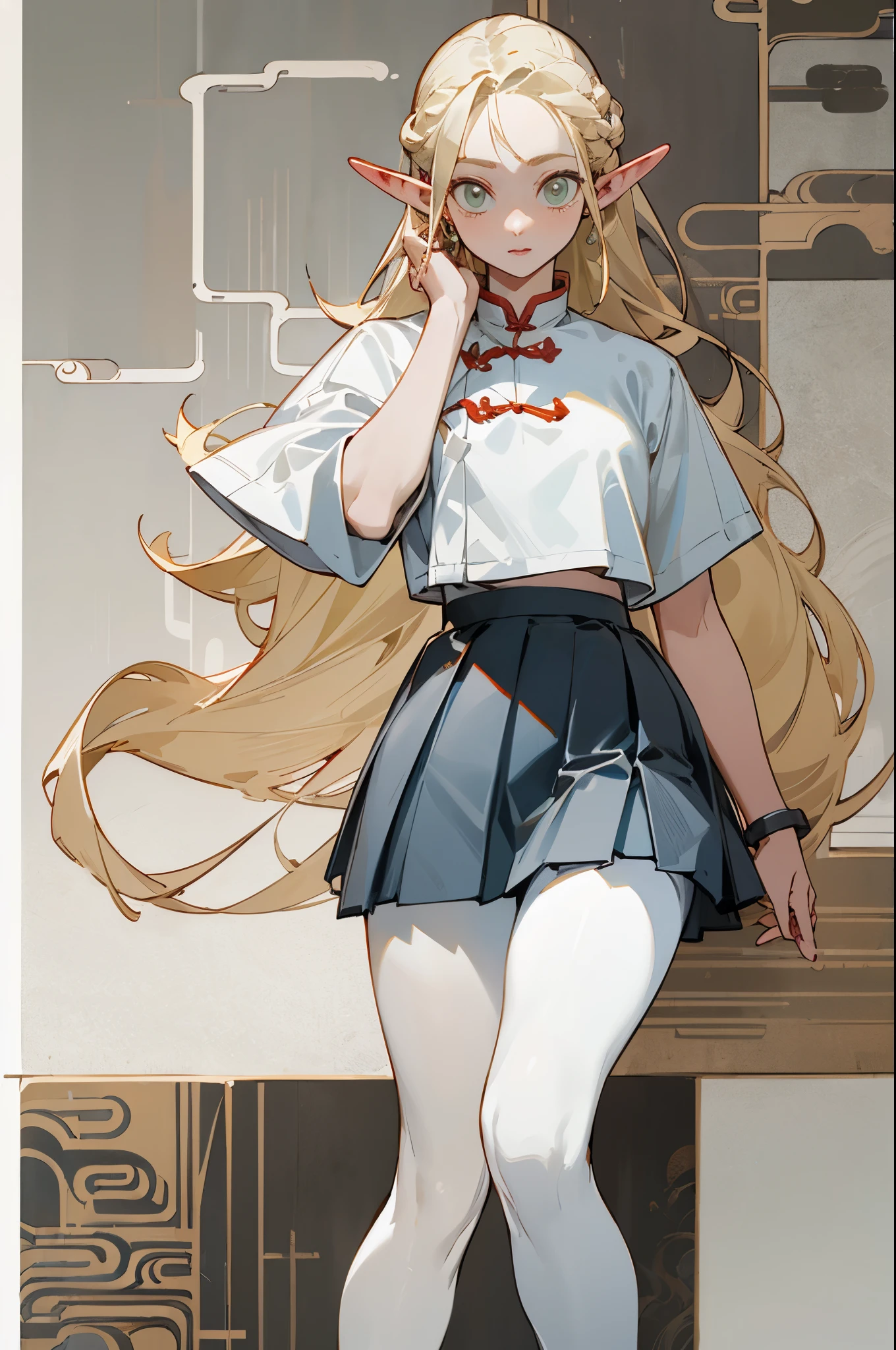 (masterpiece, best quality) detailed, Wearing white tights, silver accessories ,, Blonde ,elegant, Pointed ears ，Chinese element pattern，thigh，漏出thigh，White shirt，White pleated skirt，