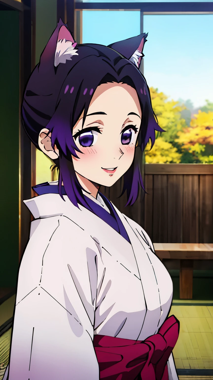 (Top quality, 8K, high resolution, Masterpiece: 1.2), Anime art style, Shinobu Kocho, 1 girl, perfect face, perfect eyes, soft expression, medium breasts, purple hair, neatly parted bangs, Natural lips, medium hair, straight hair, purple eyes, ((Cat ears, kimono, Japanese clothes, blush, smile, Japanese room, upper body)), viewer appreciation,