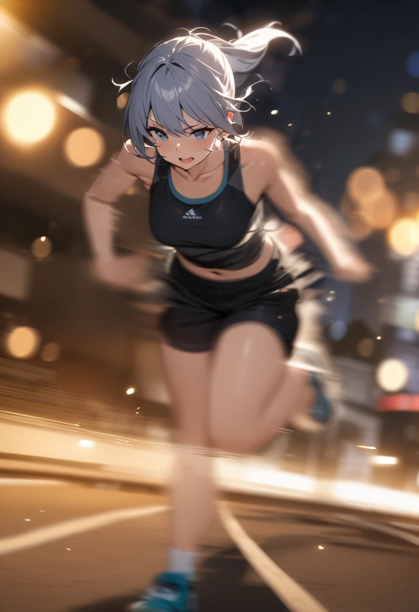 best quality，masterpiece，high resolution，1 girl，Night running，bold composition，Motion Blur，detailed，Bokeh，(Motion blur:1.6)