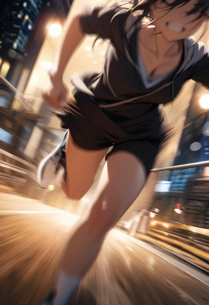 best quality,masterpiece,high resolution,1 girl,Night running,bold composition,Motion Blur,detailed,Bokeh,(Motion blur:1.6)