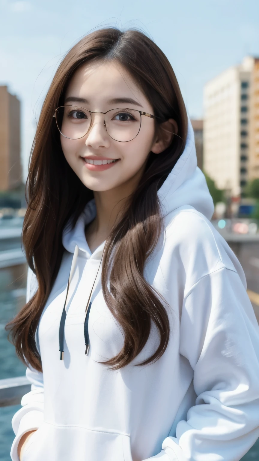 masterpiece, highest quality
(One girl), beautiful , cute, beautiful girl, Porcelain-like skin, Very long hair, Smiling Oversized Hoodie,(Glasses)

A lively city, ((whole body, Body Shot)),
Ultra-realistic, ultra detailed, Photorealistic, Photorealism, detailed, Realistic Skin, detailed,  Realistic,