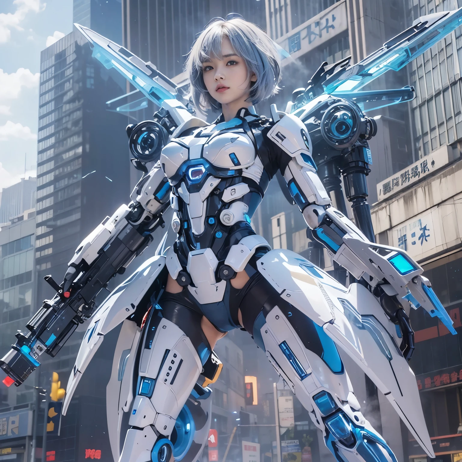 (masterpiece, best quality:1.2), (8k uhd, 16k, 32k, ultra high res), (photorealistic:1.37), (RAW photo), ultimate-realistic, ultimate-realistic details, ultimate-realistic texture, ultimate-intricate details, ultimate-realistic lighting, ultimate-realistic shadow, japanese girl, ultimate-cute face, ultimate-RAW skin, ultimate-realistic eyes, hard disk, beautiful,(Gundam),beautiful cyborg woman,largely,((Wearing Futuristic Transparent Reinforced Plastic Mechanical Parts。:1.4)), Bust top covered with transparent mechanism, Mechanically protected front crotch, Largely exposed bare skin, largely naked, Perfect proportions, Giant tit, (He carries a lot of weapons on his back.:1.4), (hero pose), full body shot, (Short-cut straight hair that looks beautiful in blue and white:1.4), collapsed building background, A city engulfed in flames, (The blue LED on the bust top glows strongly:1.4), Biologically correct,