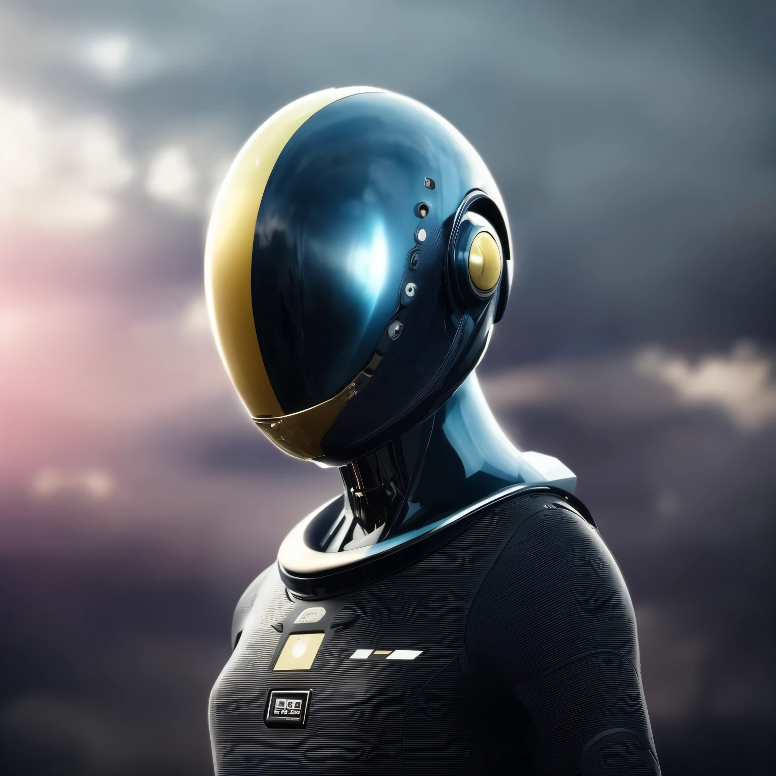 a close up of a figure in a black and gold helmet, futuristic clothing and helmet, style hybrid mix of beeple, astronaut cyberpunk electric, futuristic astronaut, intricate high tech helmet, futuristic spacesuit, wearing futuristic space gear, futuristic cybernetic helmet, space suit with a modern helmet, sci-fi helmet, 3 d render beeple